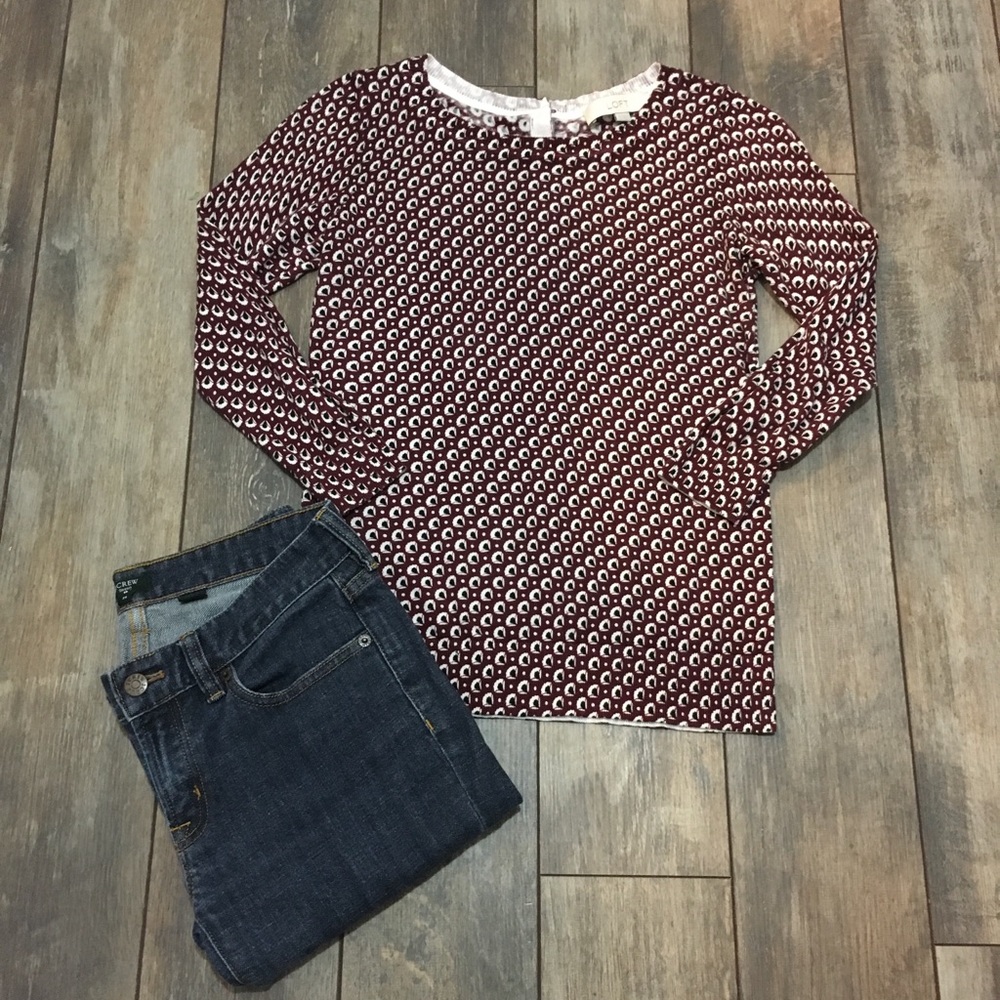 LOFT burgundy print button back sweater XS